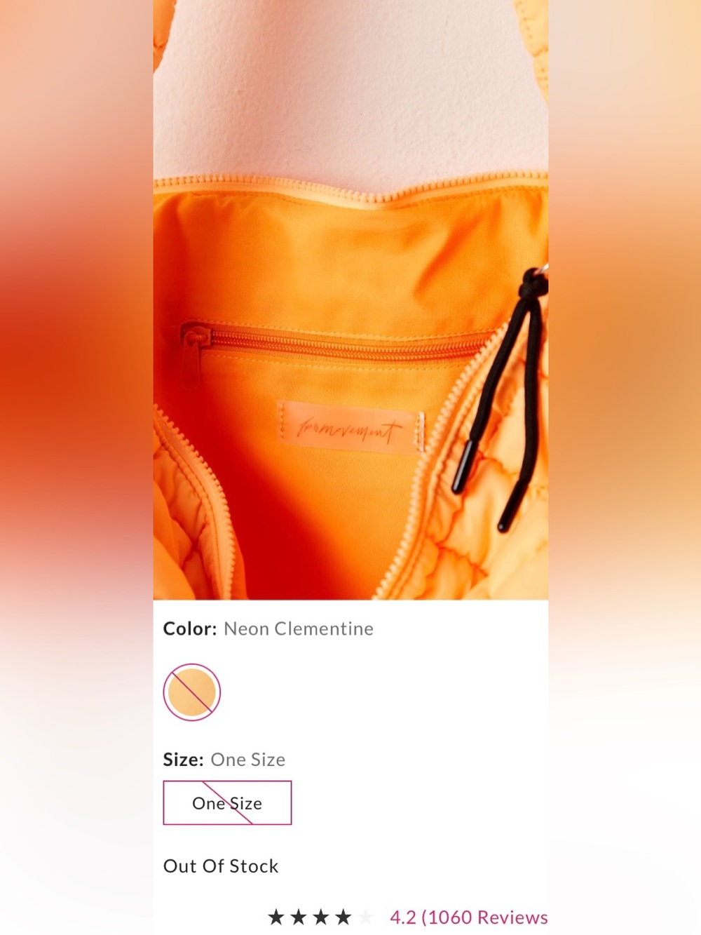 Free People Movement ~ Quilted Carryall Bag ~ Neon Clementine ~ NWT*** - Picture 8 of 9